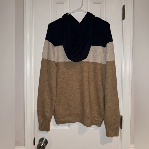 NEW Goodfellow Color-block Hoodie Sweater Blue, Cream & Tan Dapper Brown NWT - Picture 3 of 11